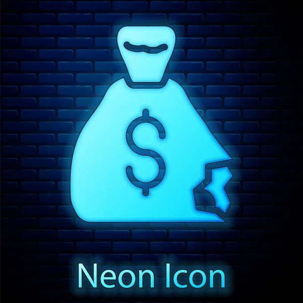 Glowing Neon Money Bag Icon Isolated Brick Wall Background Dollar — Stock Vector