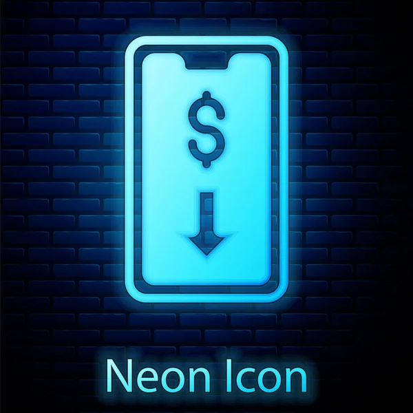 Glowing Neon Mobile Stock Trading Concept Icon Isolated Brick Wall — Stock Vector