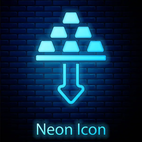 Zářící Neon Zlaté Pruhy Ikony Izolované Pozadí Cihlové Zdi Padání — Stockový vektor