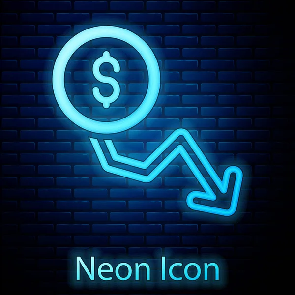 Glowing Neon Dollar Rate Decrease Icon Isolated Brick Wall Background — Stock Vector