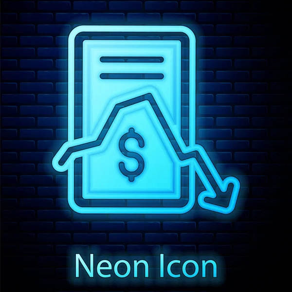 Glowing Neon Mobile Stock Trading Concept Icon Isolated Brick Wall — Stock Vector