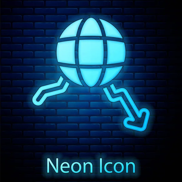 Glowing Neon Global Economic Crisis Icon Isolated Brick Wall Background — Stock Vector