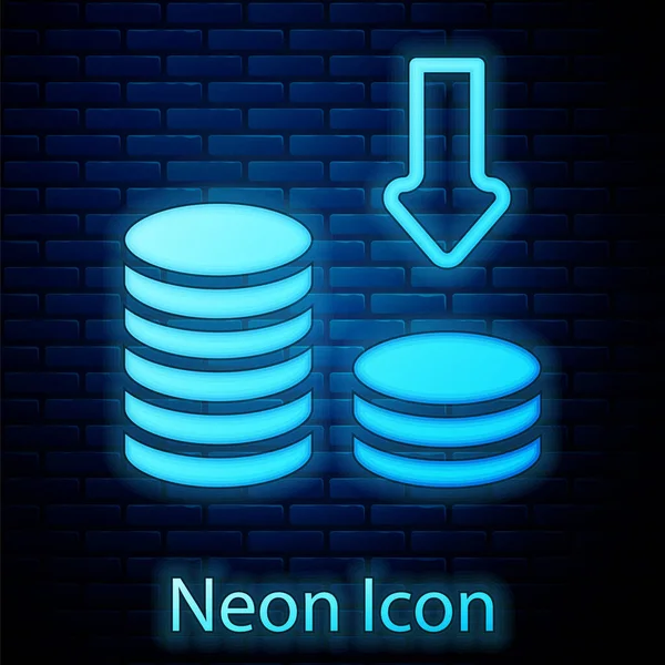 Gloeiende Neon Dollar Rate Daling Pictogram Geïsoleerd Baksteen Muur Achtergrond — Stockvector