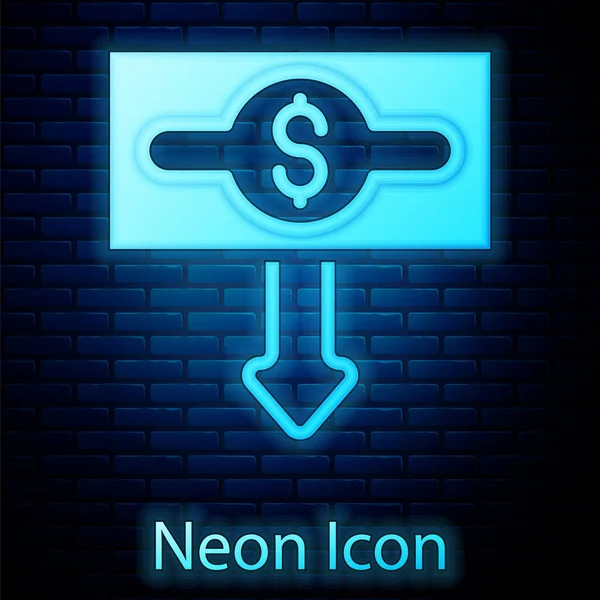 Gloeiende Neon Dollar Rate Daling Pictogram Geïsoleerd Baksteen Muur Achtergrond — Stockvector