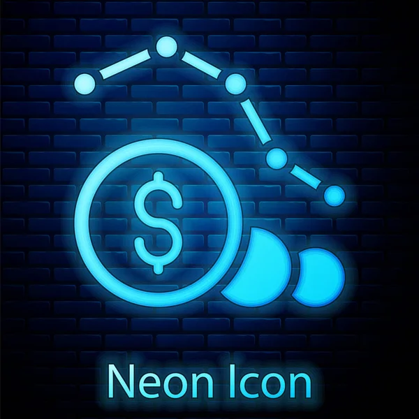 Glowing Neon Dollar Rate Decrease Icon Isolated Brick Wall Background — Stock Vector