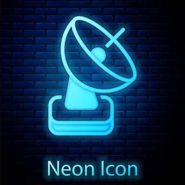 Glödande Neon Radar Ikonen Isolerad Tegel Vägg Bakgrund Söksystem Satellitskylt — Stock vektor