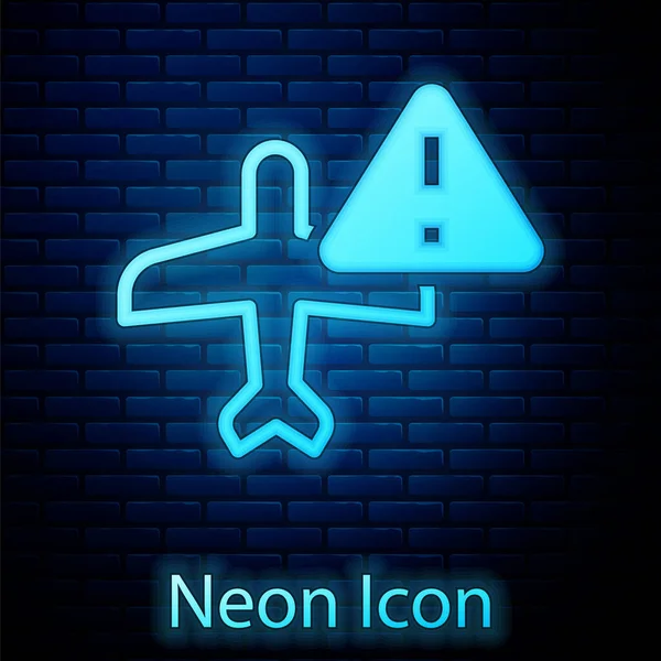 Icono Avión Advertencia Neón Brillante Aislado Fondo Pared Ladrillo Avión — Vector de stock