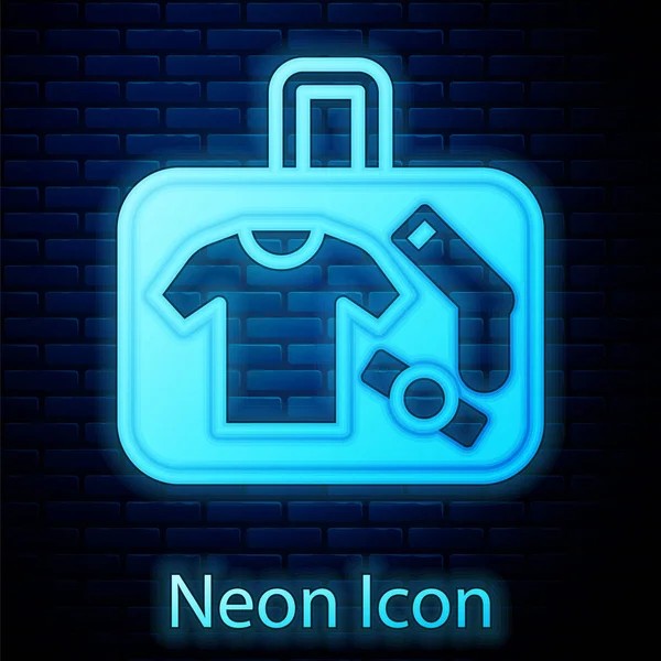 Glowing Neon Suitcase Travel Icon Isolated Brick Wall Background Traveling — Stock Vector