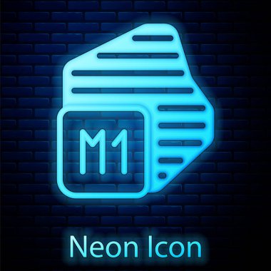 Parlayan neon işlemci simgesi tuğla duvar arkasında izole edildi. İşlemci, merkezi işlem birimi, mikroçip, mikro devre, bilgisayar işlemcisi, çip. Vektör