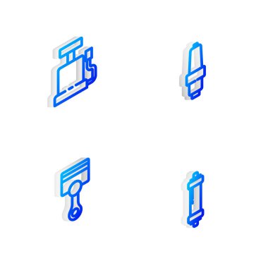 Isometric hattı araba bujisi, hava pompası, motor pistonu ve şok emici simgesini ayarla. Vektör