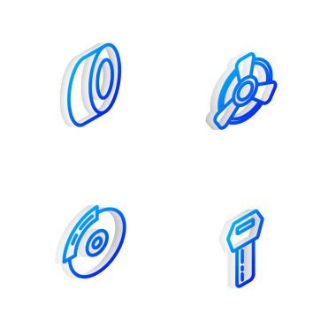 Isometric hattı otomobil vantilatörü, lastik, fren diskini kalibre ve uzaktan kumanda ikonu ile ayarla. Vektör