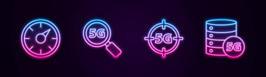 Satır Dijital hız ölçer 5G, Arama Ağı ve Sunucu 'yu ayarla. Parlayan neon ikonu. Vektör