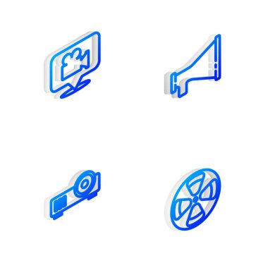 Isometric hattı Megaphone, Kamera ve konumu, Ortam Projektörü ve Film makarası simgesini ayarla. Vektör