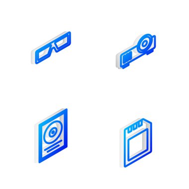 Isometric line Media projektörü, 3D sinema gözlükleri, CD disk ödül çerçevesi ve SD kart simgesini ayarla. Vektör