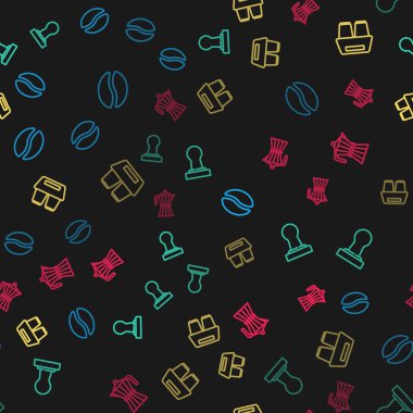 Sıraya dizilin. Kahve çekirdekleri, kurcalayıcı, kahve fincanı ve moca pot. Vektör