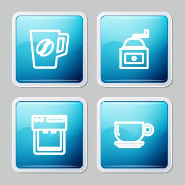 Sıra kahve fincanı, el yapımı kahve öğütücüsü, makine ve ikon. Vektör