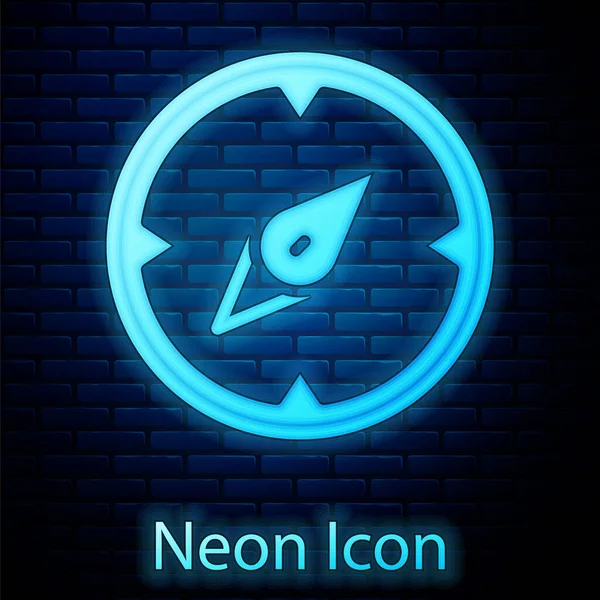 Leuchtende Neon Kompass Symbol Isoliert Auf Backsteinwand Hintergrund Windrose Navigationssymbol — Stockvektor