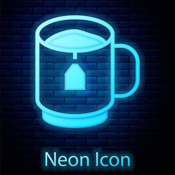 Glowing Neon Cup Tea Tea Bag Icon Isolated Brick Wall — Stock Vector