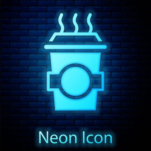 Glowing Neon Coffee Cup Icon Isolated Brick Wall Background Vector — Stock Vector