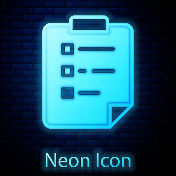 Glowing Neon Clipboard Checklist Icon Isolated Brick Wall Background Control — Stock Vector