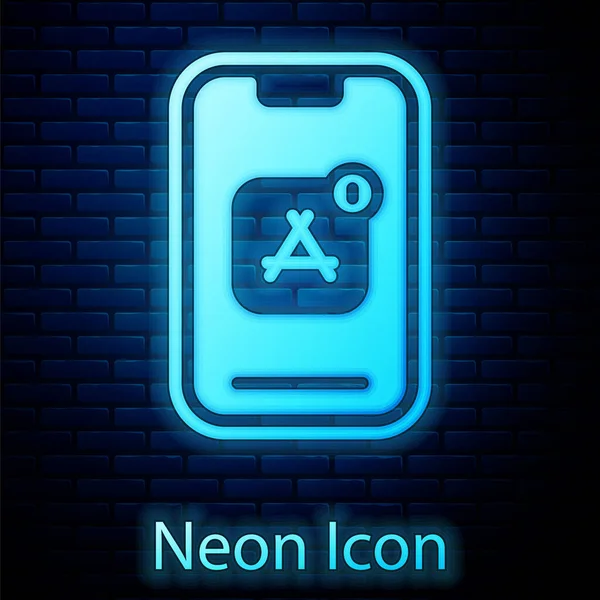 Icona Luminosa Neon Mobile Apps Isolato Sfondo Muro Mattoni Smartphone — Vettoriale Stock