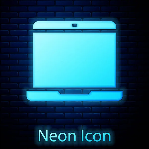 レンガの壁の背景に隔離されたネオンノートパソコンのアイコンを光る 空の画面表示のコンピュータノートブック ベクトル — ストックベクタ
