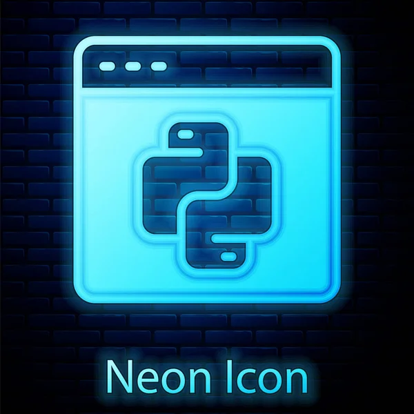 Świecący Neon Python Język Programowania Ikona Izolowana Tle Cegły Ściany — Wektor stockowy