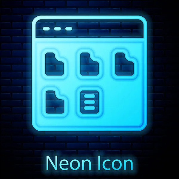 Ragyogó Neon Böngésző Fájlok Ikon Elszigetelt Téglafal Háttér Vektor — Stock Vector
