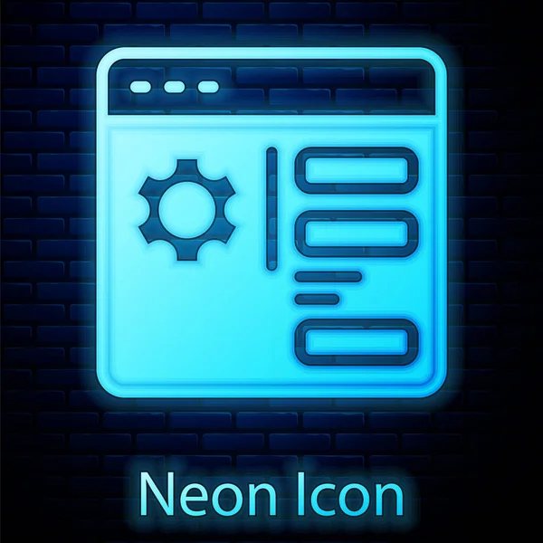 Icono Ajuste Del Navegador Neón Brillante Aislado Fondo Pared Ladrillo — Vector de stock