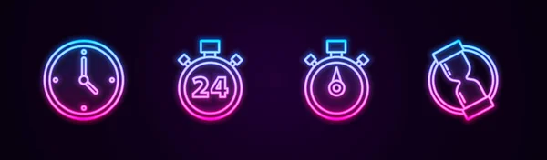 Set Line Clock Stopwatch Hours Old Hourglass Glowing Neon Icon — Stock Vector
