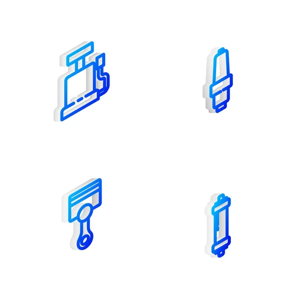 Set Isometrische Linie Auto Zündkerze Luftpumpe Motorkolben Und Stoßdämpfer Symbol — Stockvektor