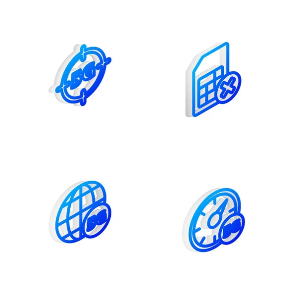 Stel Isometrische Lijn Simkaart Afgewezen Netwerk Digitale Snelheidsmeter Pictogram Vector — Stockvector