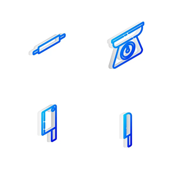 Set Isometrische Linienwaagen Nudelholz Fleischhacker Und Messer Symbol Vektor — Stockvektor