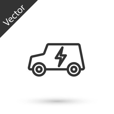Gri çizgi elektrikli araba ve elektrik kablosu şarj ikonu beyaz arka planda izole edildi. Yenilenebilir ekolojik teknolojiler. Vektör