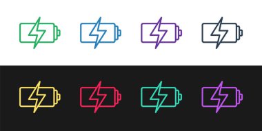 Batarya simgesini siyah beyaz arkaplanda ayır. Şimşek sembolü. Vektör