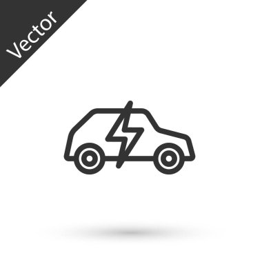 Gri çizgi elektrikli araba ve elektrik kablosu şarj ikonu beyaz arka planda izole edildi. Yenilenebilir ekolojik teknolojiler. Vektör