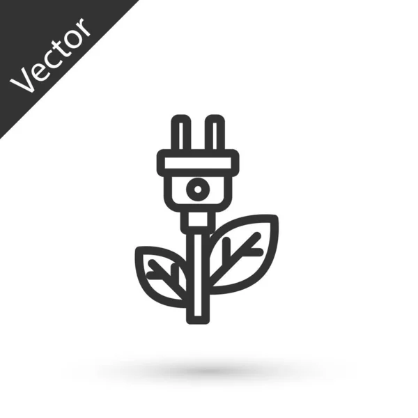 Línea Gris Enchufe Ahorro Eléctrico Icono Hoja Aislado Sobre Fondo — Vector de stock