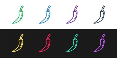 Hot chili biber kabuğu simgesini siyah beyaz arkaplanda izole et. Market, mutfak ürünleri, baharat ve baharat paketi, yemek kitabı için tasarım. Vektör