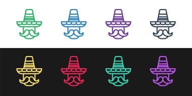 Siyah beyaz arka planda izole edilmiş sombrero simgesi giyen Meksikalı bir adam. Bıyıklı İspanyol adam. Vektör