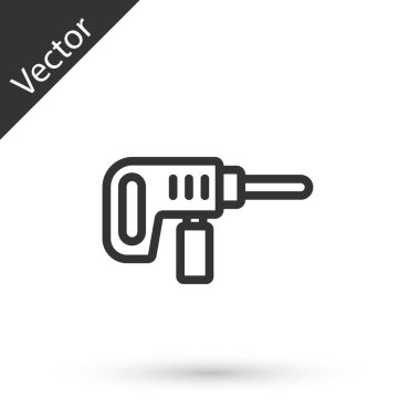 Gri çizgi elektrikli matkap ikonu beyaz arka planda izole edildi. Tamir aleti. Vektör