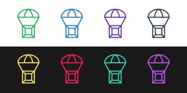 Siyah beyaz arka planda izole edilmiş paraşüt ikonu üzerinde uçan çizgi kutusu. Nakliye için paraşütlü paket. Teslimat servisi, hava taşımacılığı. Vektör