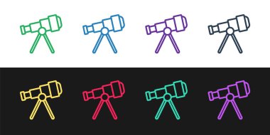 Teleskop simgesini siyah ve beyaz arkaplanda izole et. Bilimsel bir alet. Eğitim ve astronomi elementi, dürbün ve çalışma yıldızları. Vektör