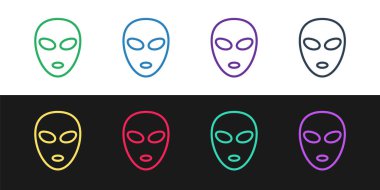 Çizgi uzaylı simgesini siyah beyaz arkaplanda izole et. Uzaylı yüzü ya da kafa sembolü. Vektör