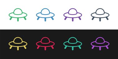 UFO uçan uzay gemisi simgesini siyah beyaz arkaplanda izole et. Uçan daire. Uzaylı uzay gemisi. Gelecekteki bilinmeyen uçan nesne. Vektör