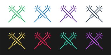 Sparkler havai fişek ikonu siyah beyaz arka planda izole edildi. Noel şenlikli maytap ışıkları. Mutlu Noeller ve mutlu yıllar. Vektör