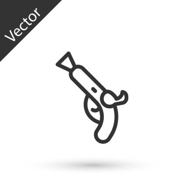 Beyaz arkaplanda gri çizgili Vintage tabanca simgesi var. Eski bir silah. Vektör