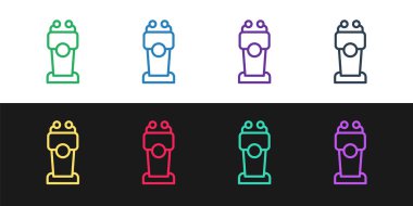 Siyah ve beyaz arka planda izole edilmiş sahne sahnesi veya münazara kürsüsü simgesi belirleyin. Konferans konuşma tribünü. Vektör