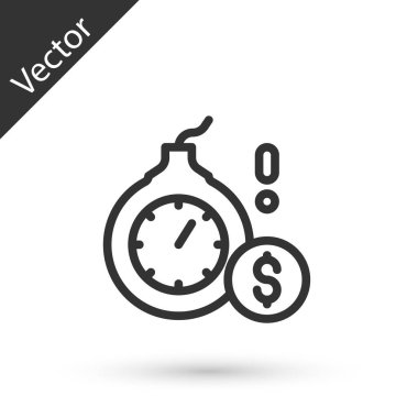 Patlayıcı fitili olan gri çizgi bombası ve beyaz arka planda izole edilmiş dolar para birimi ikonu. Ekonomik kriz ve iflas. Vektör
