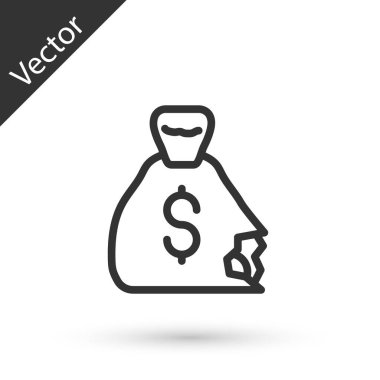 Gri çizgi Para Çantası simgesi beyaz arkaplanda izole edildi. Dolar ya da USD sembolü. Nakit bankacılık tabelası. Vektör