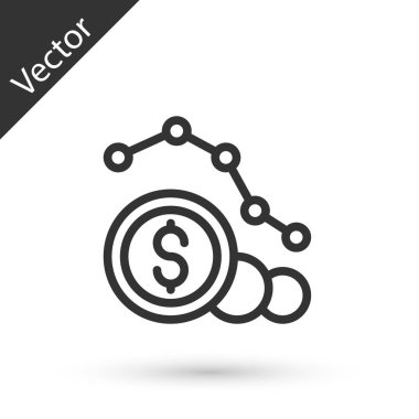 Gri çizgi dolar oranı azaltımı simgesi beyaz arka planda izole edildi. Maliyet düşüşü. Aşağı ok ile para sembolü. İş kaybı kriz azalıyor. Vektör